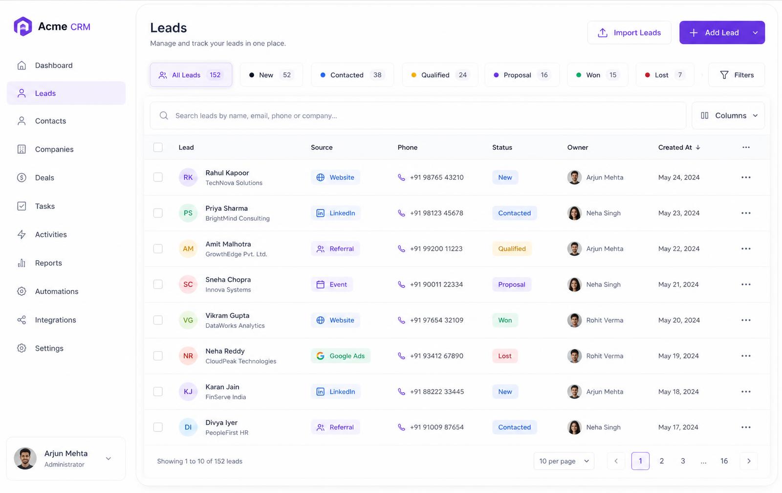 Stratumio lead management table with lead source, phone, status and owner columns