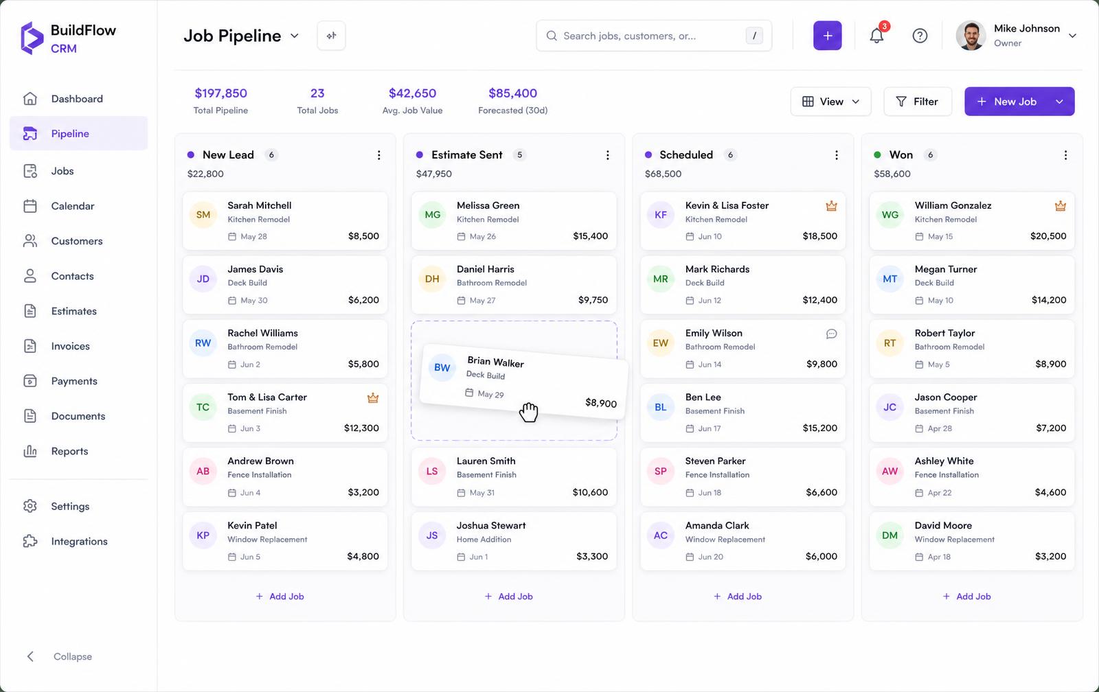 Stratumio job pipeline board with new lead, estimate sent, scheduled and won columns